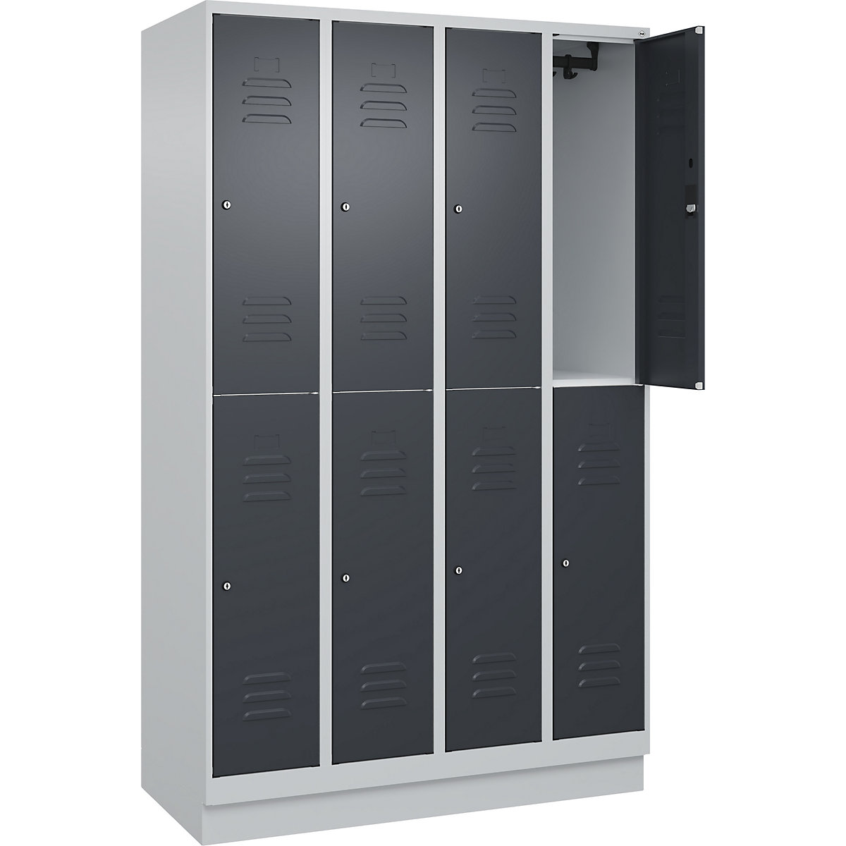 Armadietto a due piani Classic PLUS – C+P, 4 scomparti, grigio chiaro / grigio, alt. x largh. 1950 x 1200 mm, con zoccolino, serratura a cilindro-0