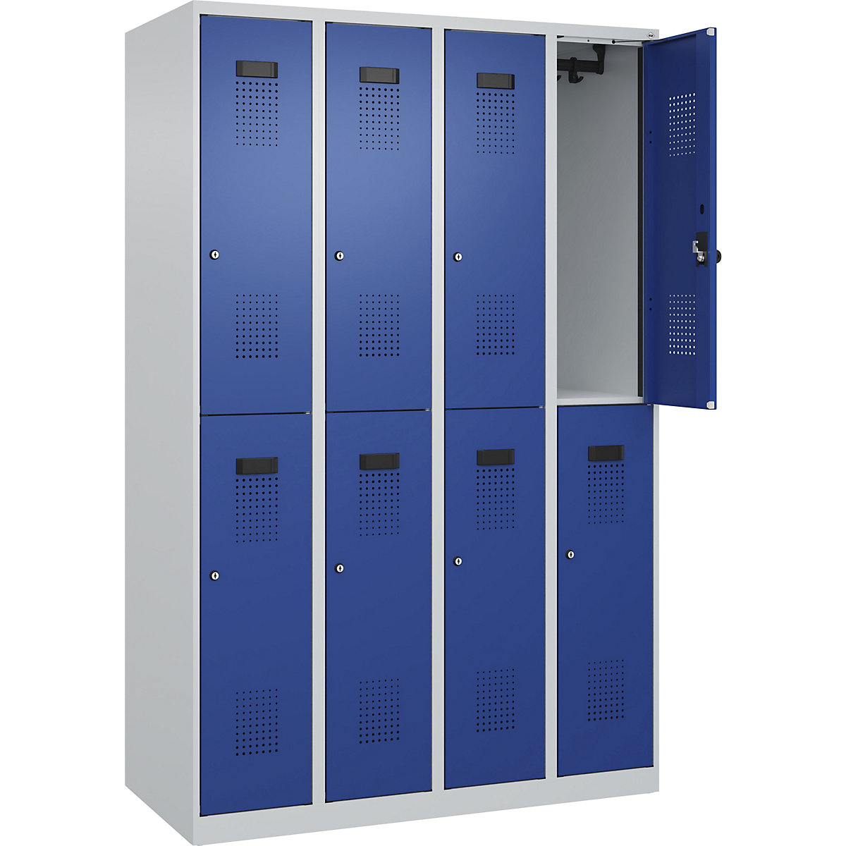 Armadietto a due piani Evolo PLUS – C+P, 4 scomparti, grigio chiaro / blu genziana, largh. 1200 mm, con piedini a pavimento, serratura a cilindro-0