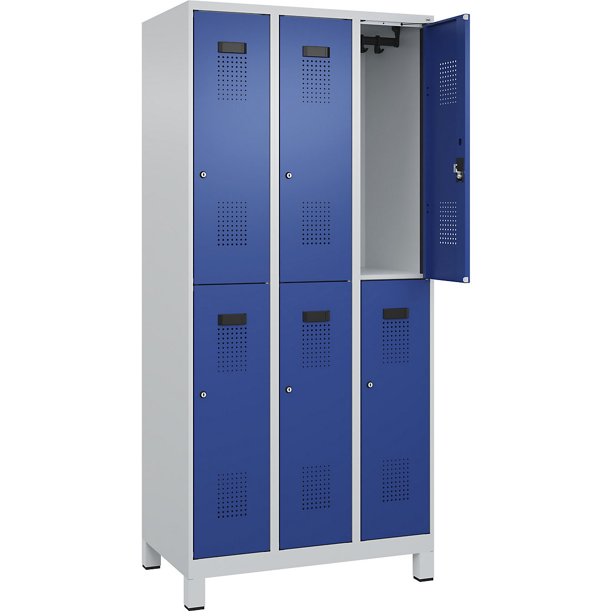 Armadietto a due piani Evolo PLUS – C+P, 3 scomparti, grigio chiaro / blu genziana, largh. 900 mm, con piedini larghi, serratura a cilindro-0