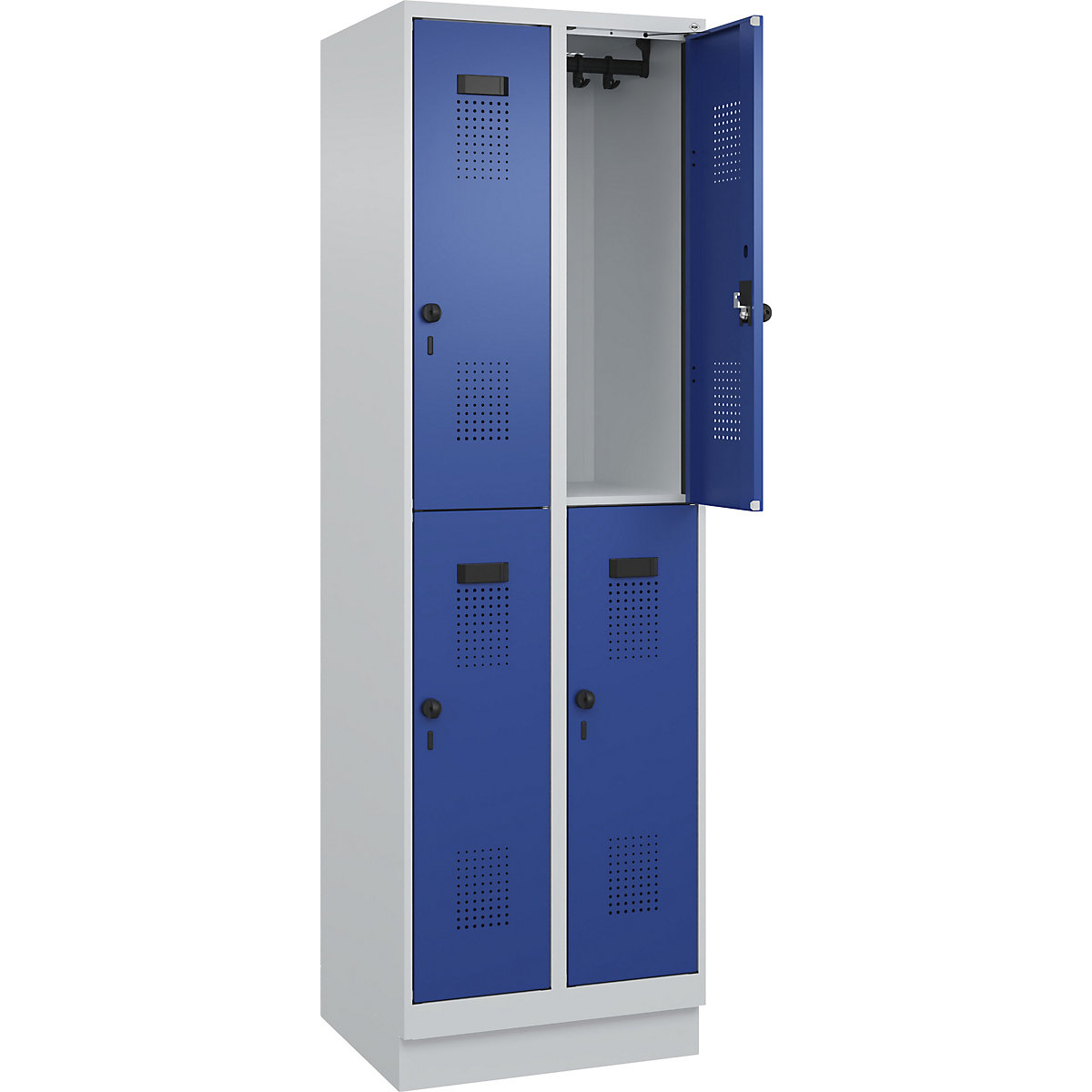 Armadietto a due piani Evolo PLUS – C+P, 2 scomparti, grigio chiaro / blu genziana, largh. 600 mm, con zoccolino, serratura girevole-0