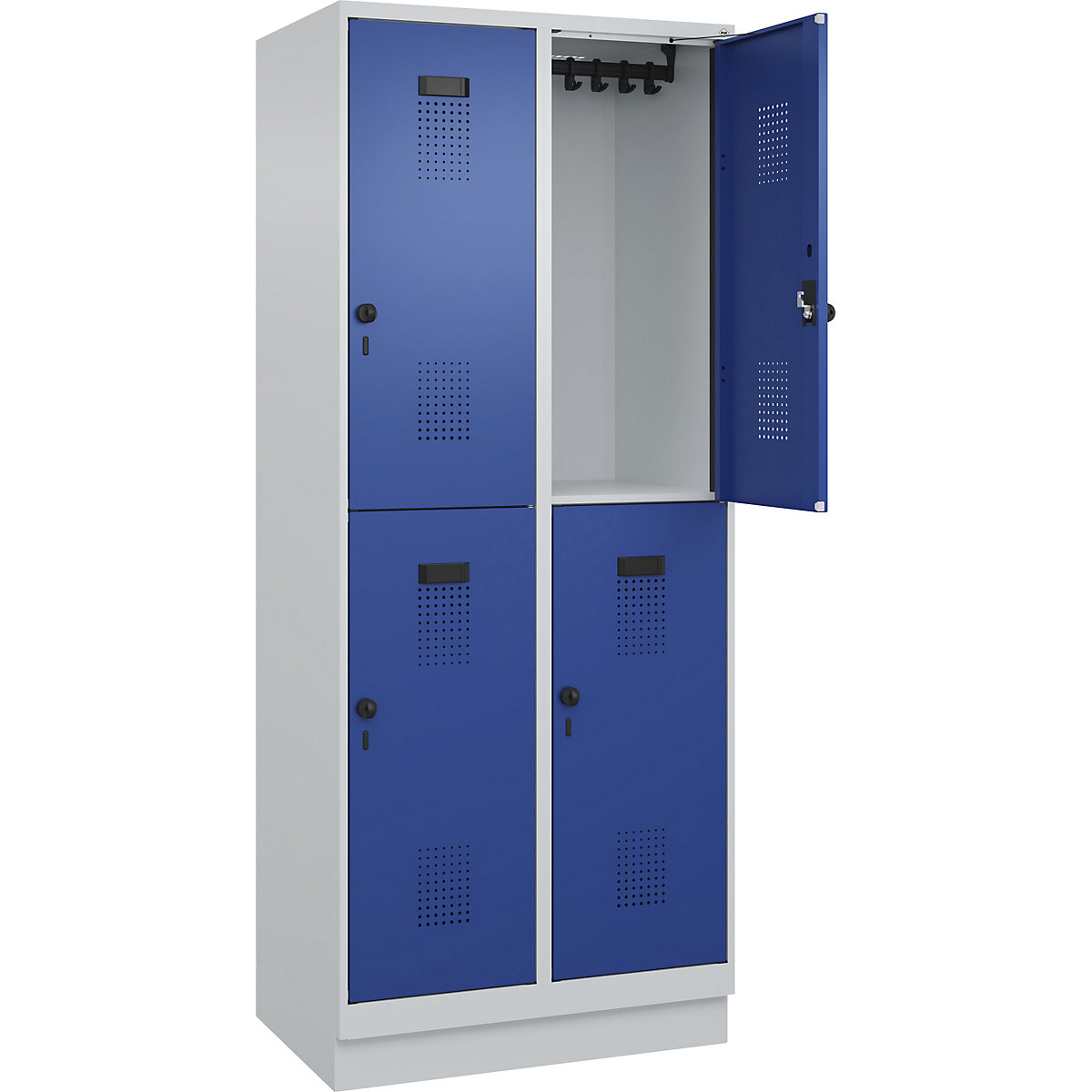 Armadietto a due piani Evolo PLUS – C+P, 2 scomparti, grigio chiaro / blu genziana, largh. 800 mm, con zoccolino, serratura girevole-0