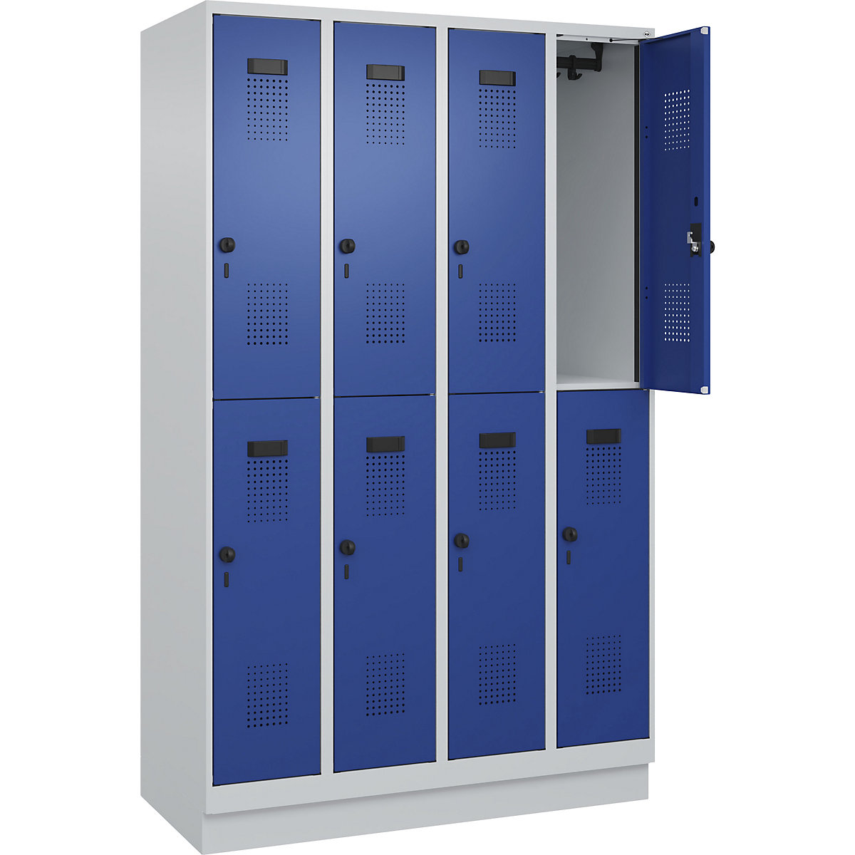 Armadietto a due piani Evolo PLUS – C+P, 4 scomparti, grigio chiaro / blu genziana, largh. 1200 mm, con zoccolino, serratura girevole-0