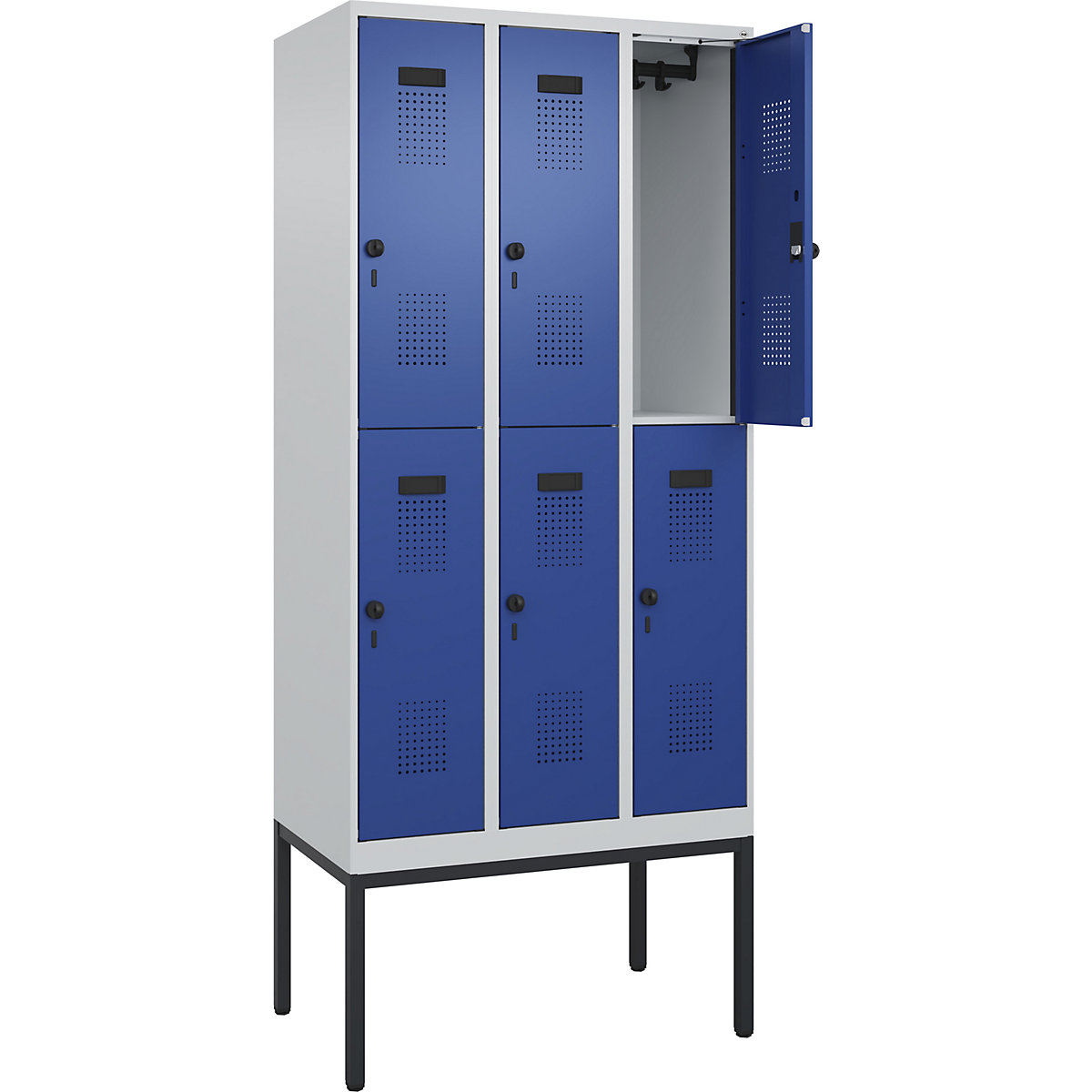 Armadietto a due piani Evolo PLUS – C+P, 3 scomparti, grigio chiaro / blu genziana, largh. 900 mm, con piedini stretti, serratura girevole-0