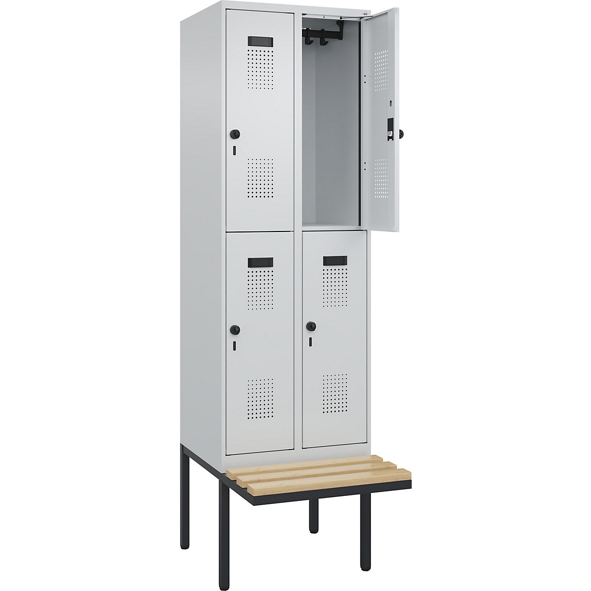 Armadietto a due piani con panca Evolo PLUS, 2 scomparti, grigio chiaro / grigio chiaro, largh. 600 mm, serratura girevole di sicurezza, con panca sporgente, faggio-0