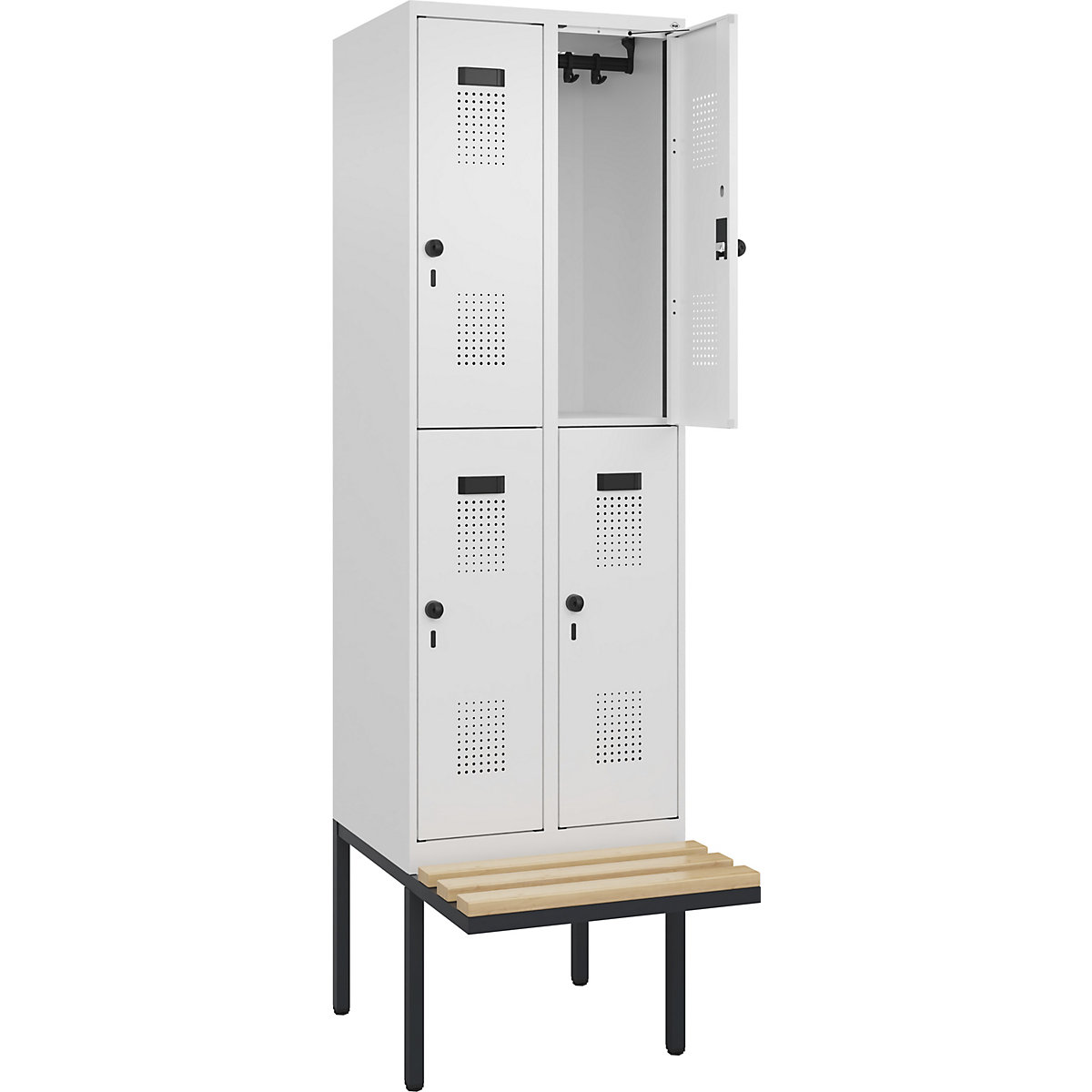 Armadietto a due piani con panca Evolo PLUS, 2 scomparti, bianco, largh. 600 mm, serratura girevole di sicurezza, con panca sporgente, faggio-0
