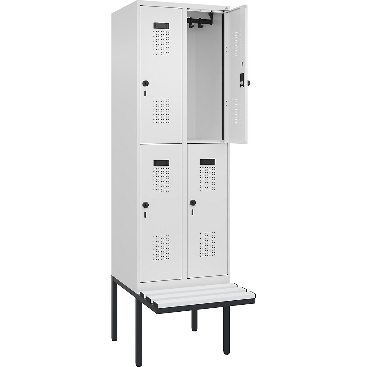 Armadietto a due piani con panca Evolo PLUS, 2 scomparti, bianco, largh. 600 mm, serratura girevole di sicurezza, con panca sporgente, plastica-0