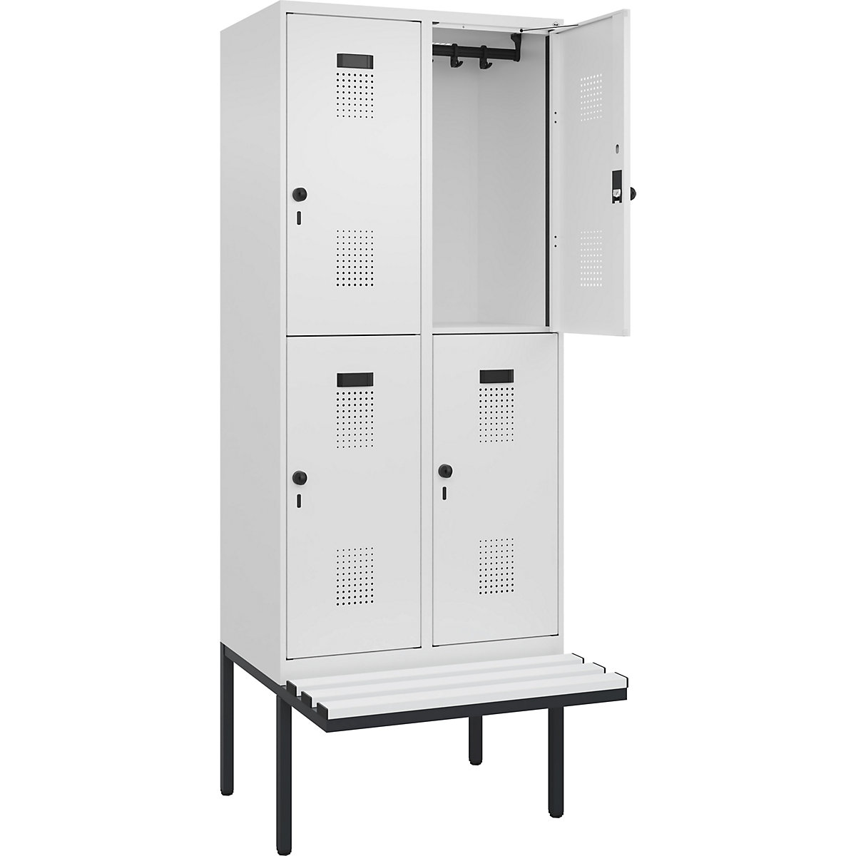 Armadietto a due piani con panca Evolo PLUS, 2 scomparti, bianco, largh. 800 mm, serratura girevole di sicurezza, con panca sporgente, plastica-0