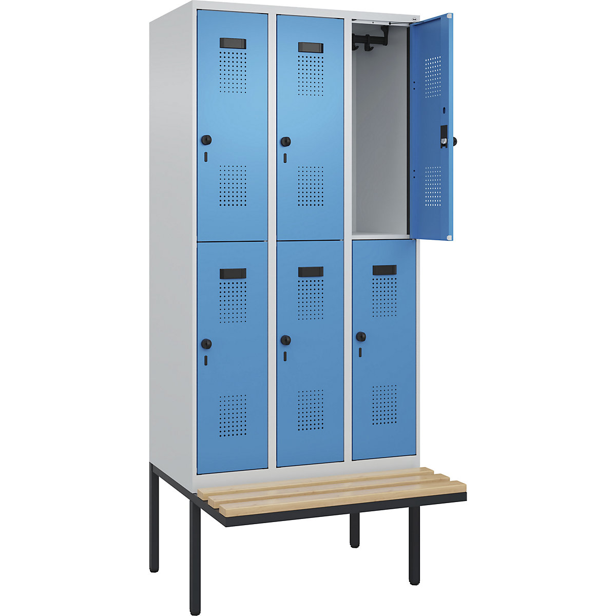 Armadietto a due piani con panca Evolo PLUS, 3 scomparti, grigio chiaro / blu chiaro, largh. 900 mm, serratura girevole di sicurezza, con panca sporgente, faggio-0