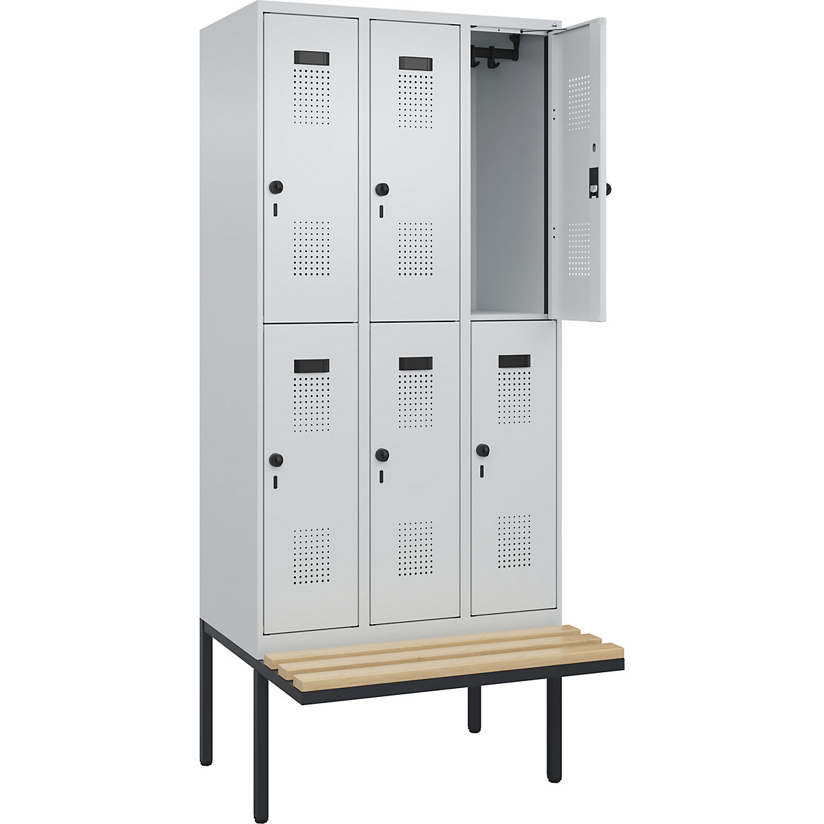 Armadietto a due piani con panca Evolo PLUS, 3 scomparti, grigio chiaro / grigio chiaro, largh. 900 mm, serratura girevole di sicurezza, con panca sporgente, faggio-0