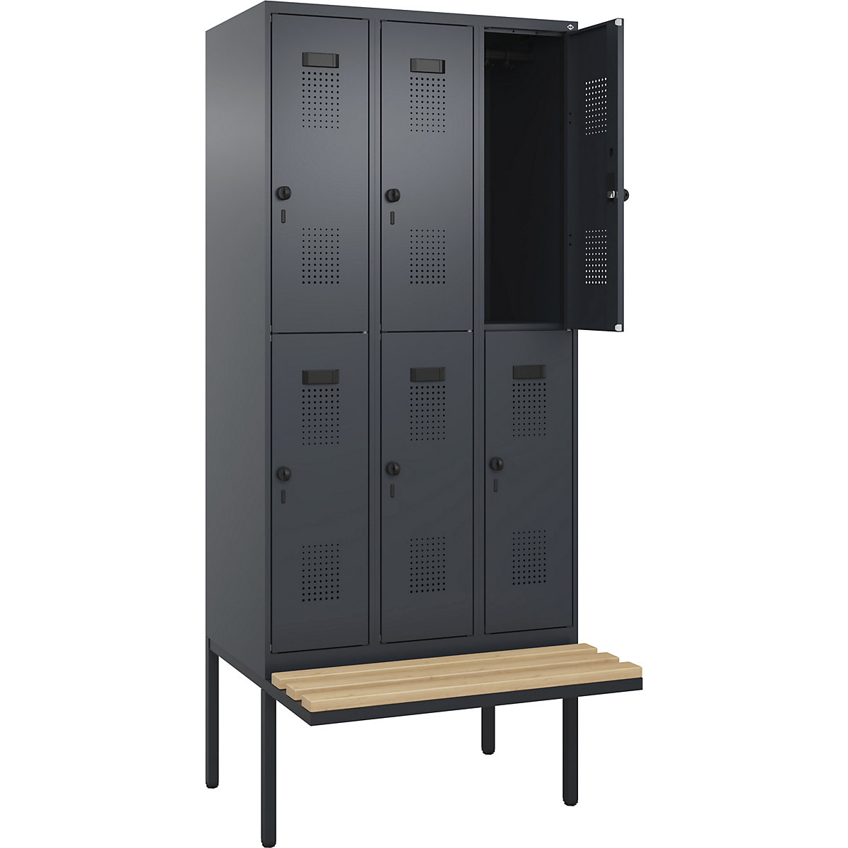 Armadietto a due piani con panca Evolo PLUS, 3 scomparti, grigio, largh. 900 mm, serratura girevole di sicurezza, con panca sporgente, faggio-0