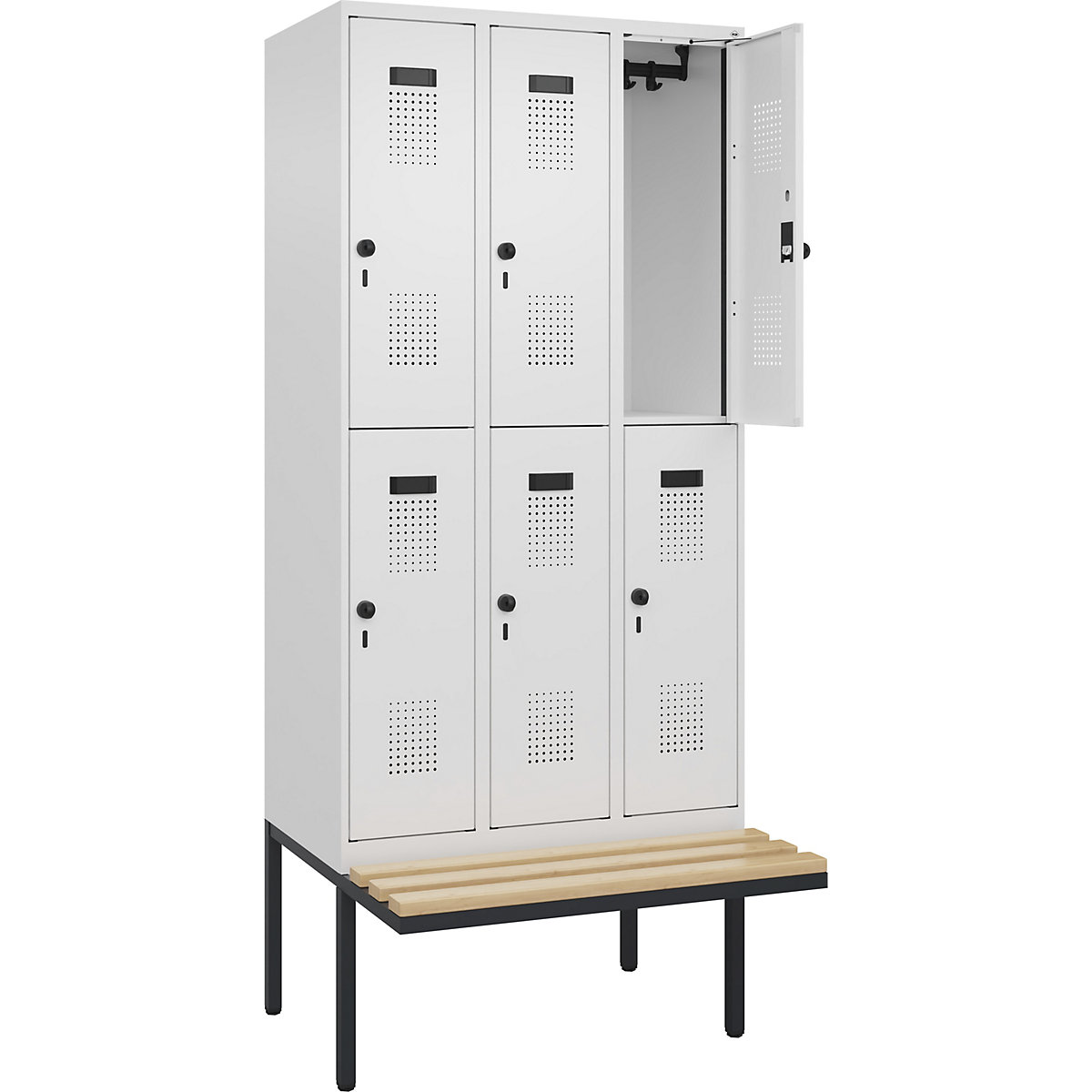 Armadietto a due piani con panca Evolo PLUS, 3 scomparti, bianco, largh. 900 mm, serratura girevole di sicurezza, con panca sporgente, faggio-0