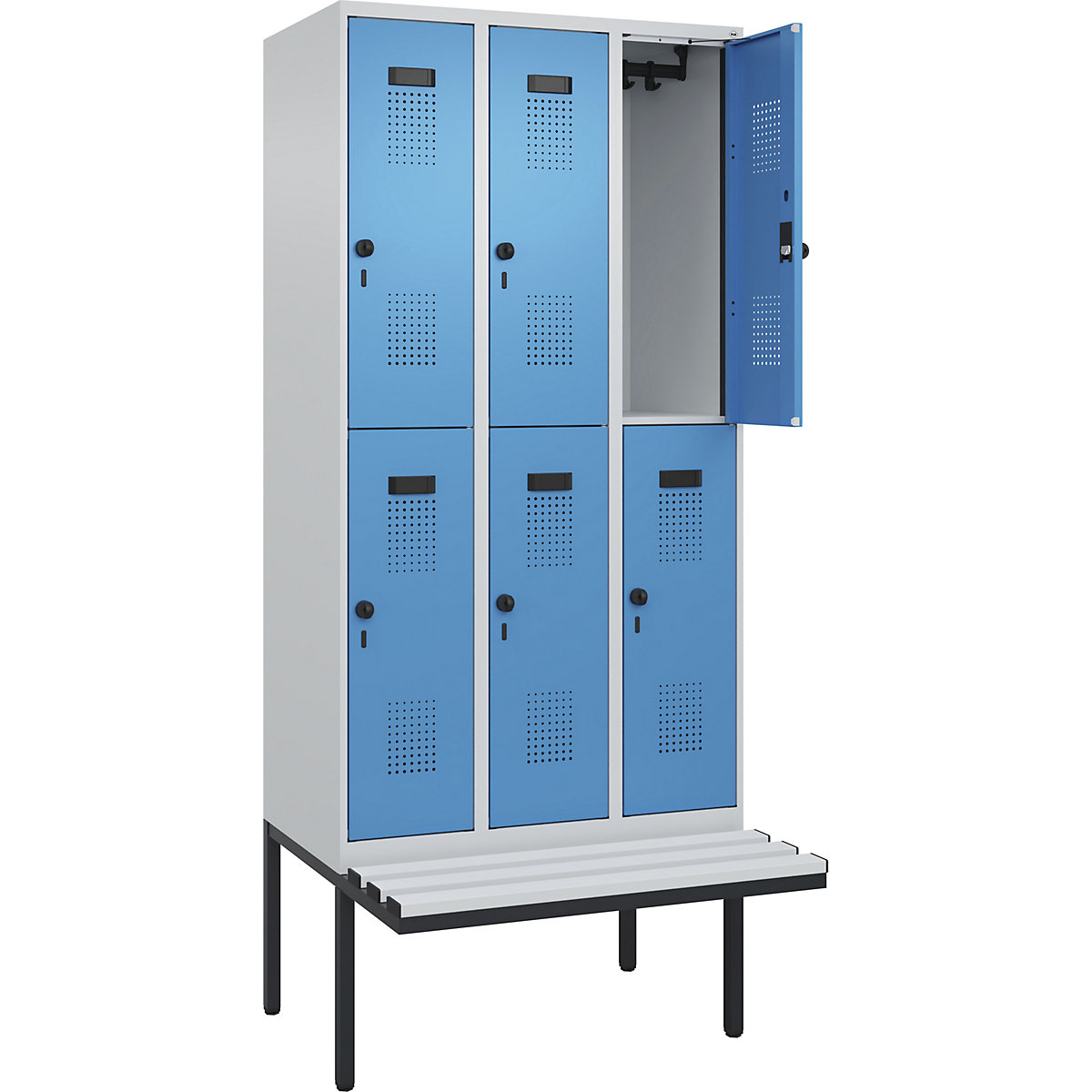 Armadietto a due piani con panca Evolo PLUS, 3 scomparti, grigio chiaro / blu chiaro, largh. 900 mm, serratura girevole di sicurezza, con panca sporgente, plastica-0