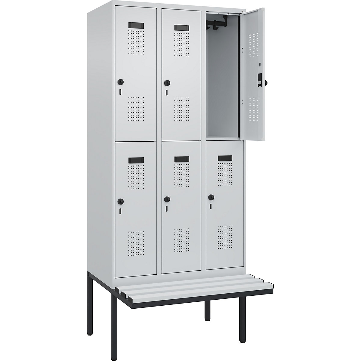 Armadietto a due piani con panca Evolo PLUS, 3 scomparti, grigio chiaro / grigio chiaro, largh. 900 mm, serratura girevole di sicurezza, con panca sporgente, plastica-0