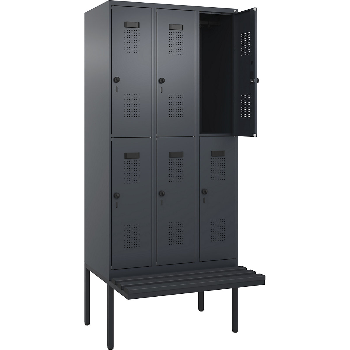 Armadietto a due piani con panca Evolo PLUS, 3 scomparti, grigio, largh. 900 mm, serratura girevole di sicurezza, con panca sporgente, plastica-0