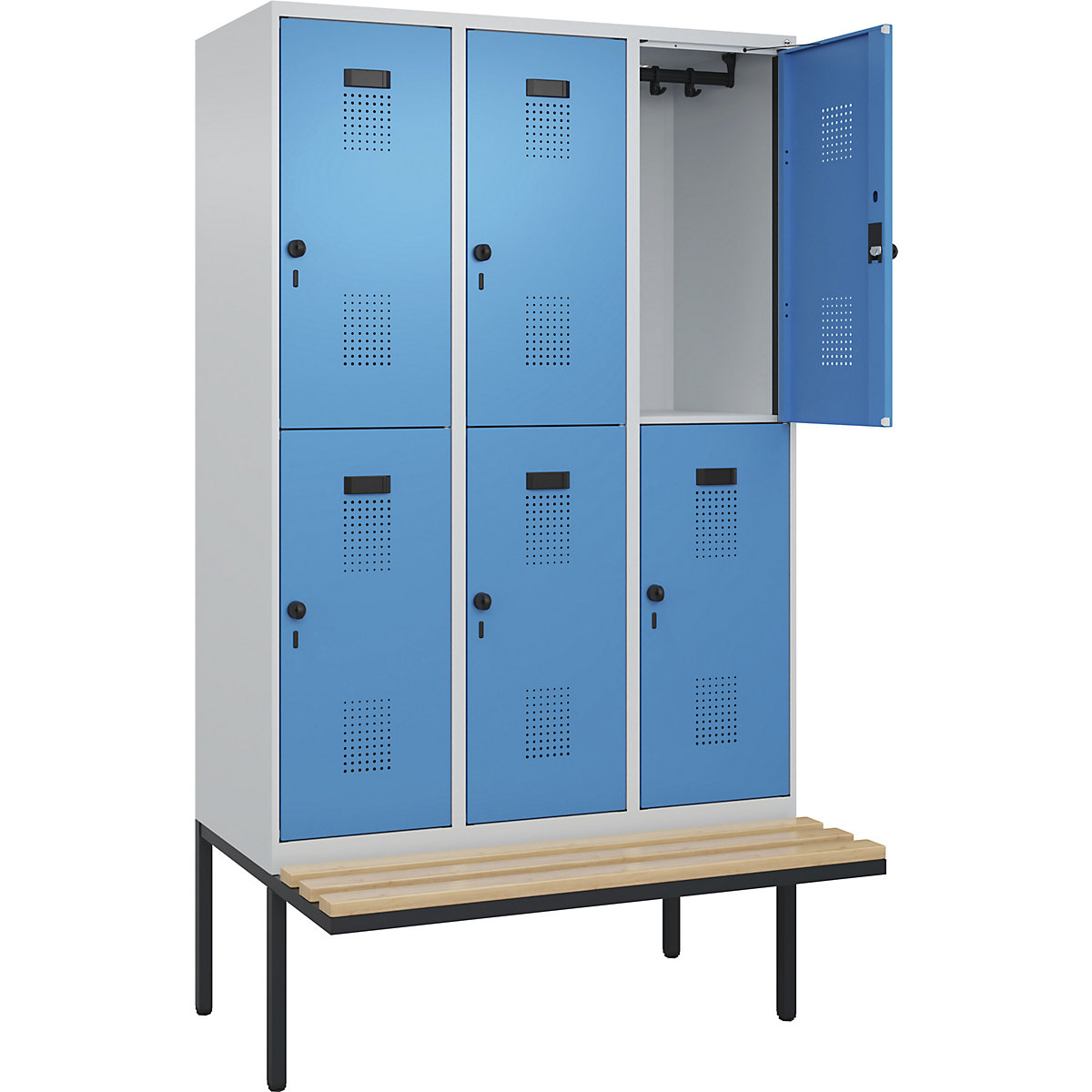 Armadietto a due piani con panca Evolo PLUS, 3 scomparti, grigio chiaro / blu chiaro, largh. 1200 mm, serratura girevole di sicurezza, con panca sporgente, faggio-0