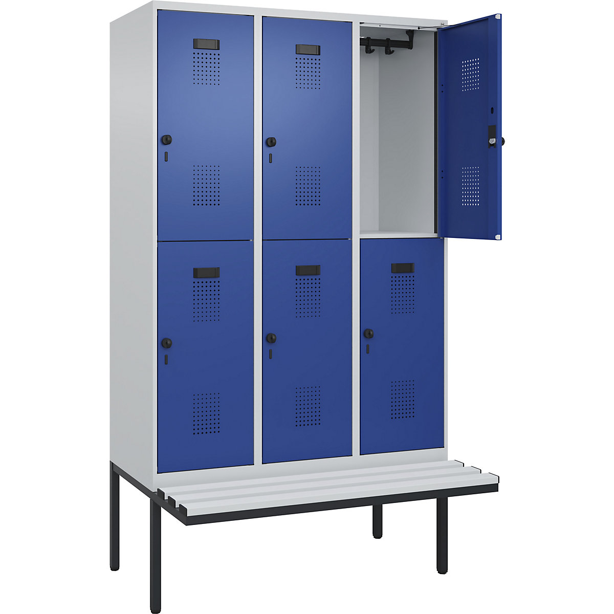 Armadietto a due piani con panca Evolo PLUS, 3 scomparti, grigio chiaro / blu genziana, largh. 1200 mm, serratura girevole di sicurezza, con panca sporgente, plastica-0