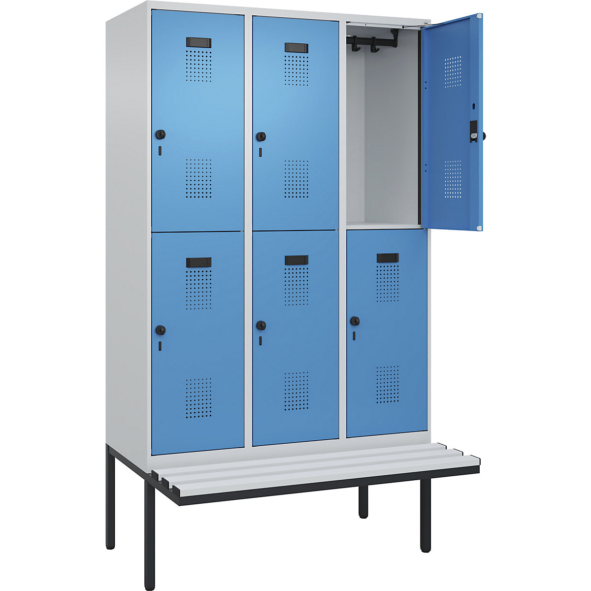 Armadietto a due piani con panca Evolo PLUS, 3 scomparti, grigio chiaro / blu chiaro, largh. 1200 mm, serratura girevole di sicurezza, con panca sporgente, plastica-0