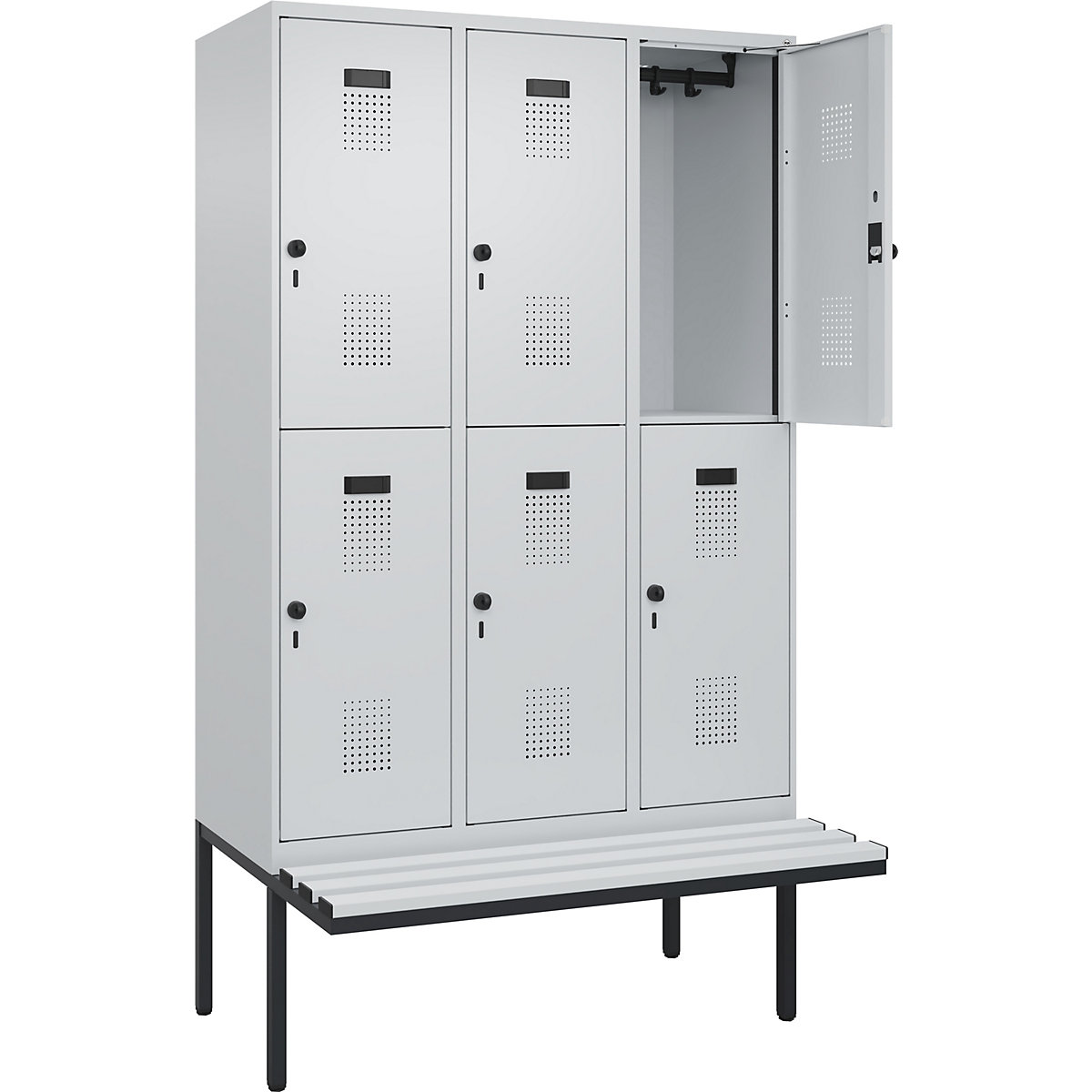 Armadietto a due piani con panca Evolo PLUS, 3 scomparti, grigio chiaro / grigio chiaro, largh. 1200 mm, serratura girevole di sicurezza, con panca sporgente, plastica-0