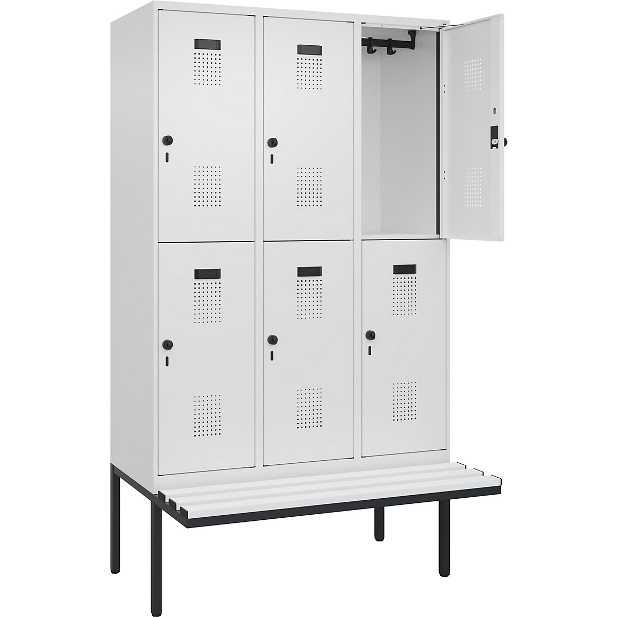 Armadietto a due piani con panca Evolo PLUS, 3 scomparti, bianco, largh. 1200 mm, serratura girevole di sicurezza, con panca sporgente, plastica-0