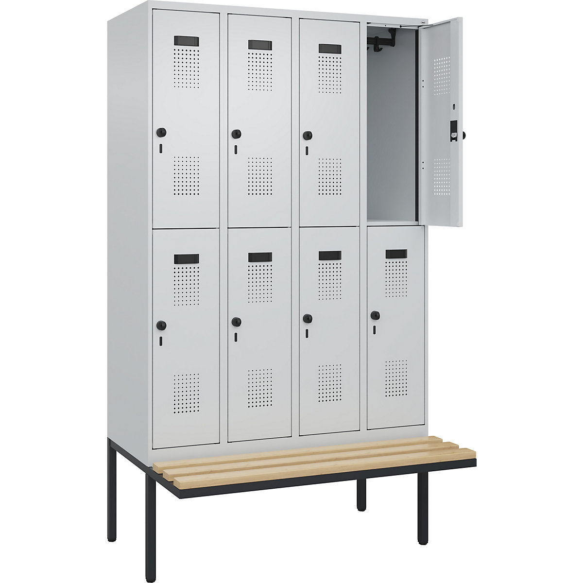 Armadietto a due piani con panca Evolo PLUS, 4 scomparti, grigio chiaro / grigio chiaro, largh. 1200 mm, serratura girevole di sicurezza, con panca sporgente, faggio-0