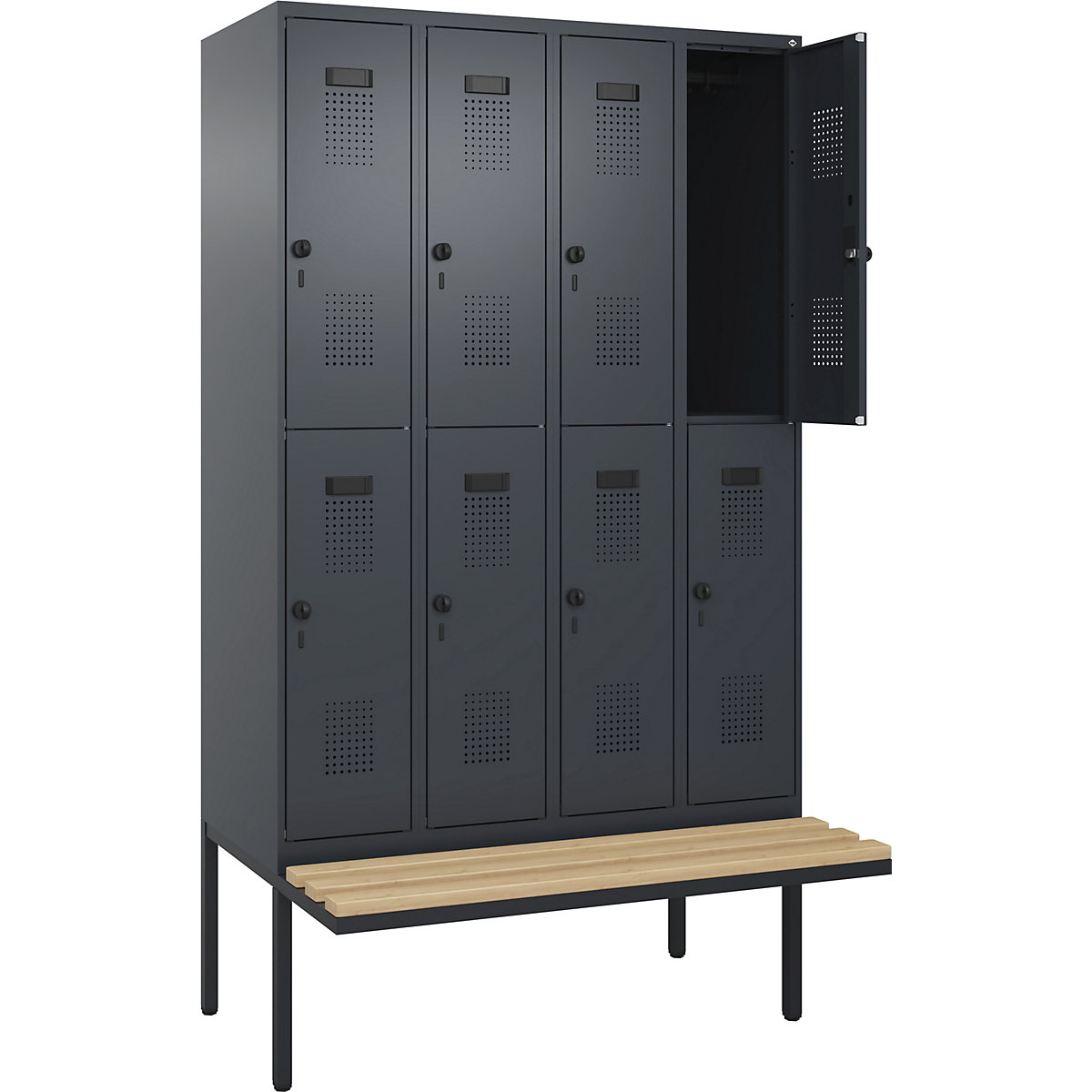 Armadietto a due piani con panca Evolo PLUS, 4 scomparti, grigio, largh. 1200 mm, serratura girevole di sicurezza, con panca sporgente, faggio-0