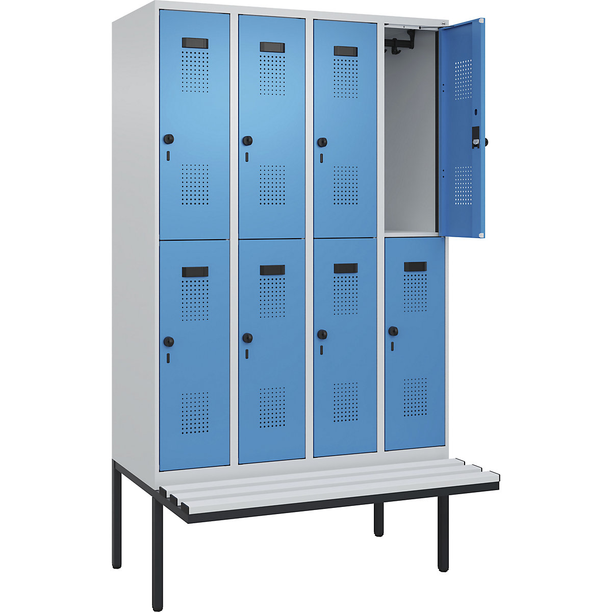 Armadietto a due piani con panca Evolo PLUS, 4 scomparti, grigio chiaro / blu chiaro, largh. 1200 mm, serratura girevole di sicurezza, con panca sporgente, plastica-0