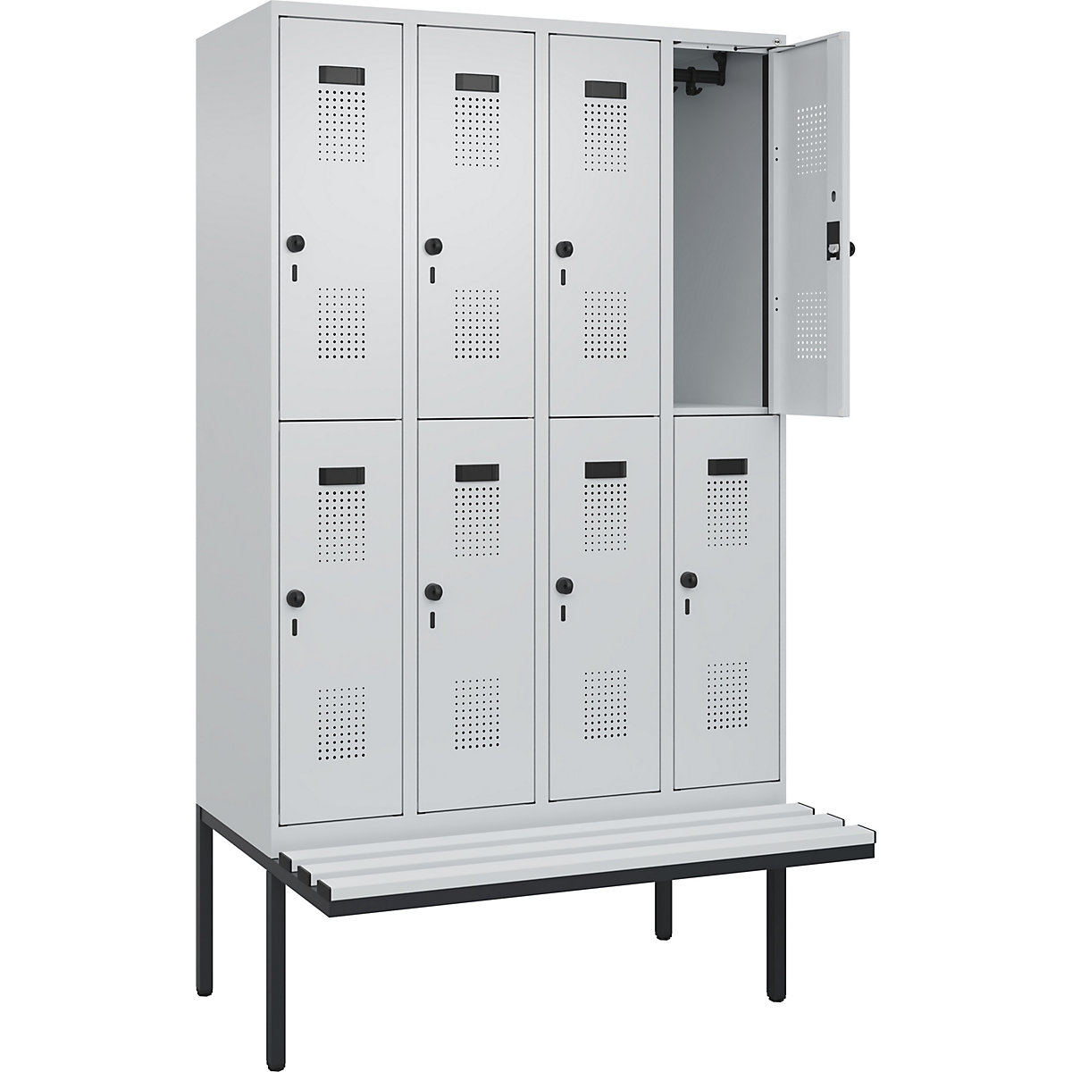 Armadietto a due piani con panca Evolo PLUS, 4 scomparti, grigio chiaro / grigio chiaro, largh. 1200 mm, serratura girevole di sicurezza, con panca sporgente, plastica-0