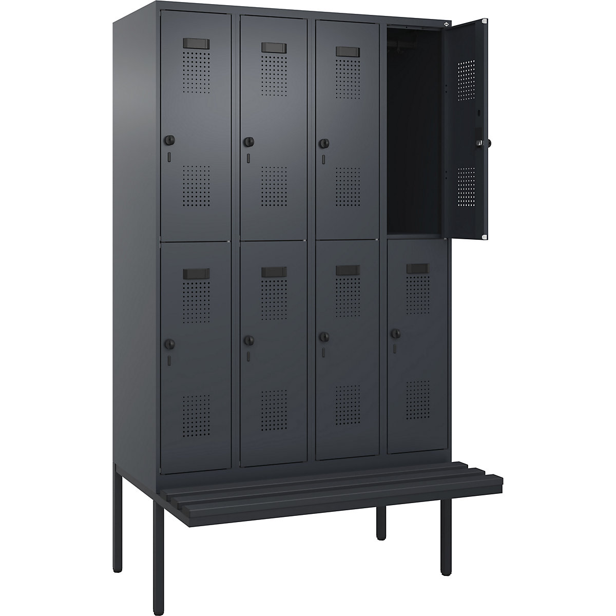 Armadietto a due piani con panca Evolo PLUS, 4 scomparti, grigio, largh. 1200 mm, serratura girevole di sicurezza, con panca sporgente, plastica-0
