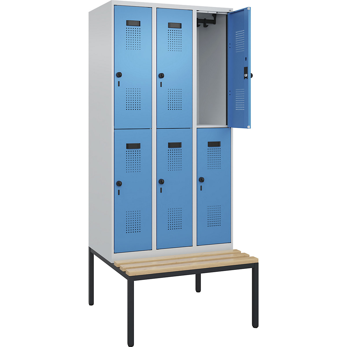 Armadietto a due piani con panca Evolo PLUS, 3 scomparti, grigio chiaro / blu chiaro, largh. 900 mm, serratura girevole di sicurezza, con panca integrata, faggio-0
