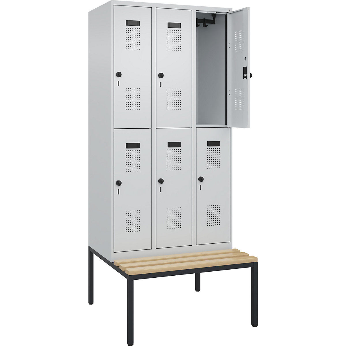 Armadietto a due piani con panca Evolo PLUS, 3 scomparti, grigio chiaro / grigio chiaro, largh. 900 mm, serratura girevole di sicurezza, con panca integrata, faggio-0