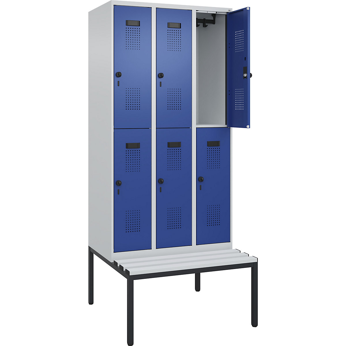 Armadietto a due piani con panca Evolo PLUS, 3 scomparti, grigio chiaro / blu genziana, largh. 900 mm, serratura girevole di sicurezza, con panca integrata, plastica-0