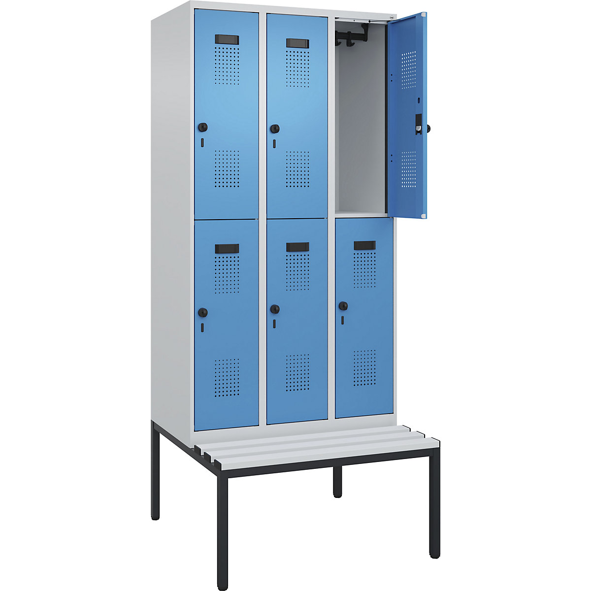 Armadietto a due piani con panca Evolo PLUS, 3 scomparti, grigio chiaro / blu chiaro, largh. 900 mm, serratura girevole di sicurezza, con panca integrata, plastica-0
