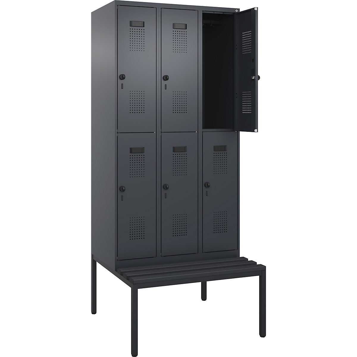 Armadietto a due piani con panca Evolo PLUS, 3 scomparti, grigio, largh. 900 mm, serratura girevole di sicurezza, con panca integrata, plastica-0