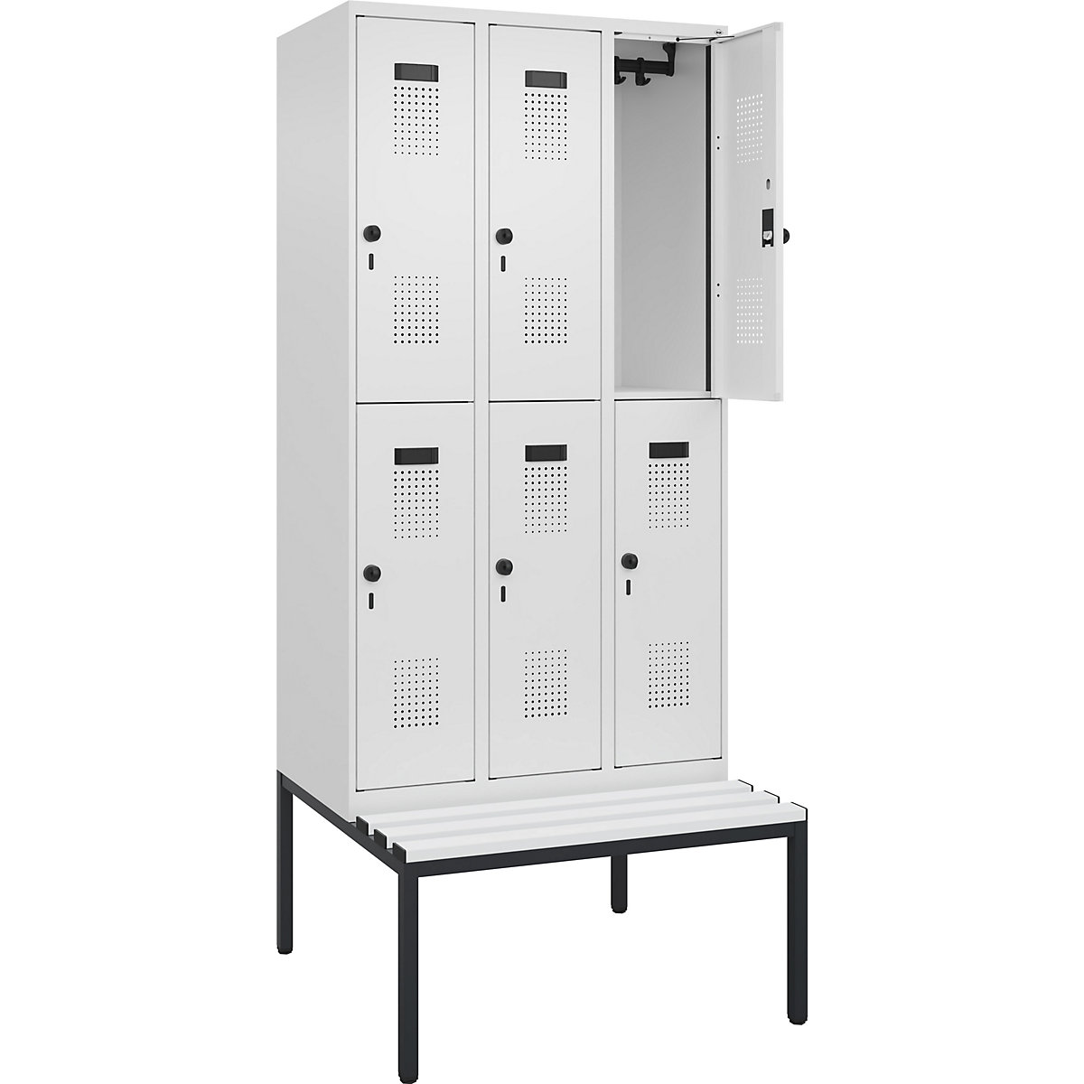Armadietto a due piani con panca Evolo PLUS, 3 scomparti, bianco, largh. 900 mm, serratura girevole di sicurezza, con panca integrata, plastica-0