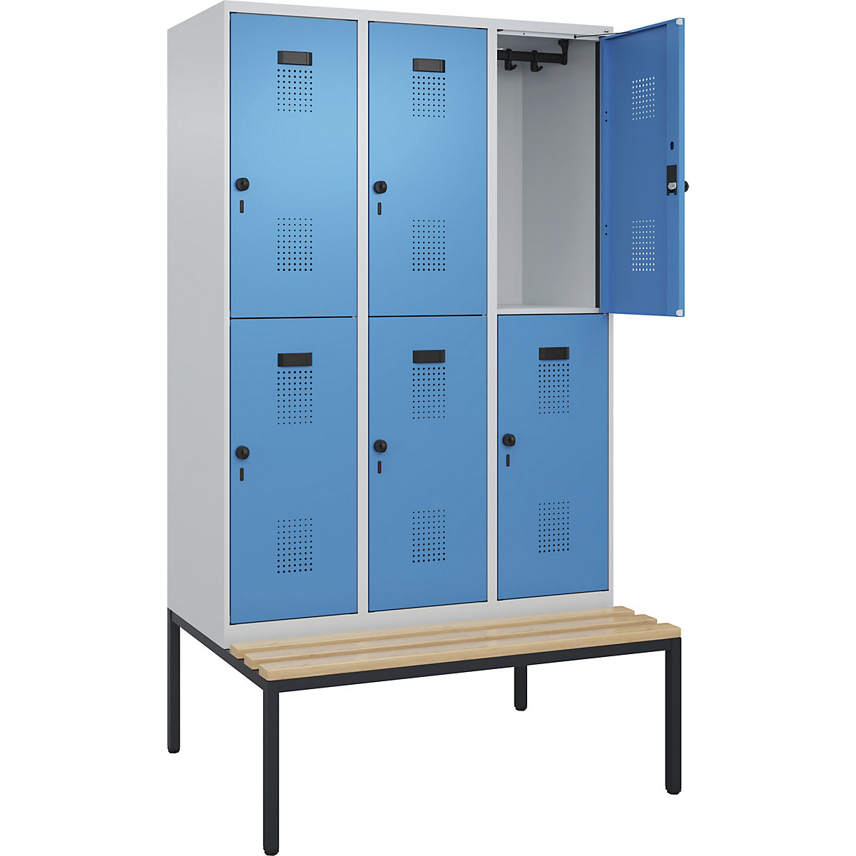 Armadietto a due piani con panca Evolo PLUS, 3 scomparti, grigio chiaro / blu chiaro, largh. 1200 mm, serratura girevole di sicurezza, con panca integrata, faggio-0