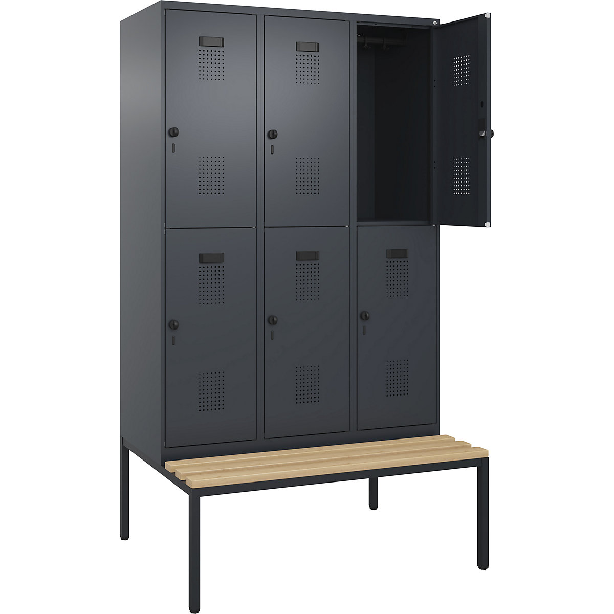 Armadietto a due piani con panca Evolo PLUS, 3 scomparti, grigio, largh. 1200 mm, serratura girevole di sicurezza, con panca integrata, faggio-0