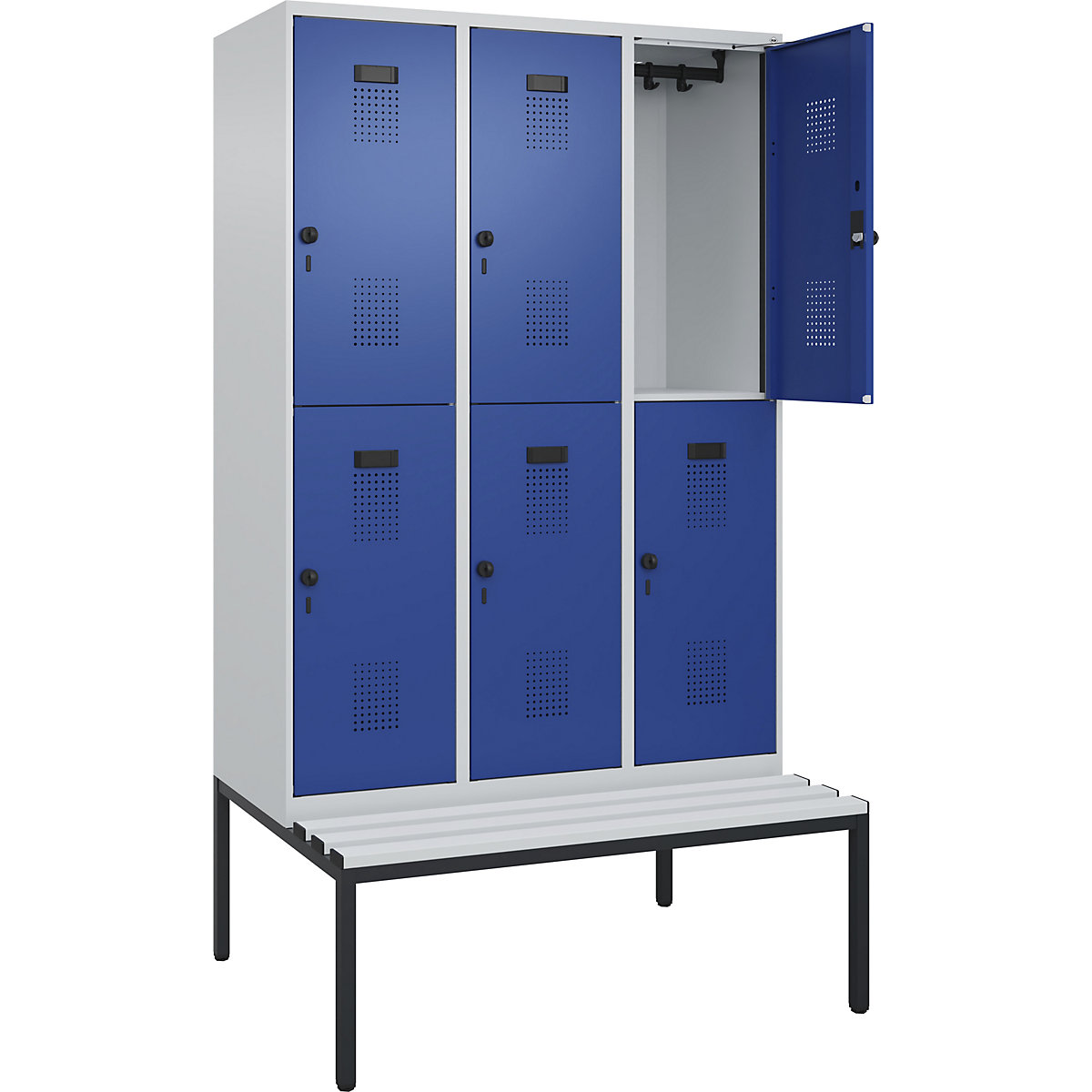Armadietto a due piani con panca Evolo PLUS, 3 scomparti, grigio chiaro / blu genziana, largh. 1200 mm, serratura girevole di sicurezza, con panca integrata, plastica-0