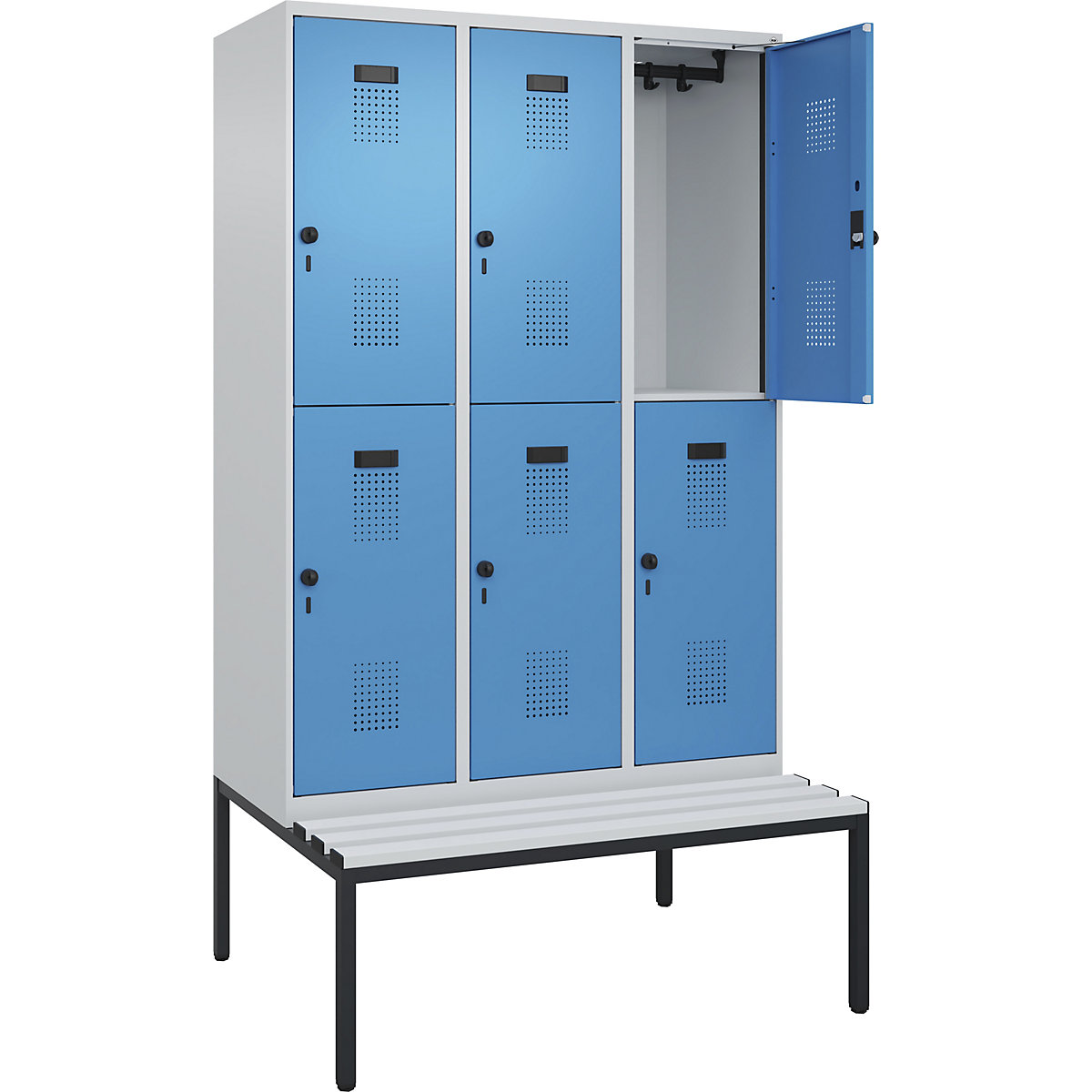 Armadietto a due piani con panca Evolo PLUS, 3 scomparti, grigio chiaro / blu chiaro, largh. 1200 mm, serratura girevole di sicurezza, con panca integrata, plastica-0
