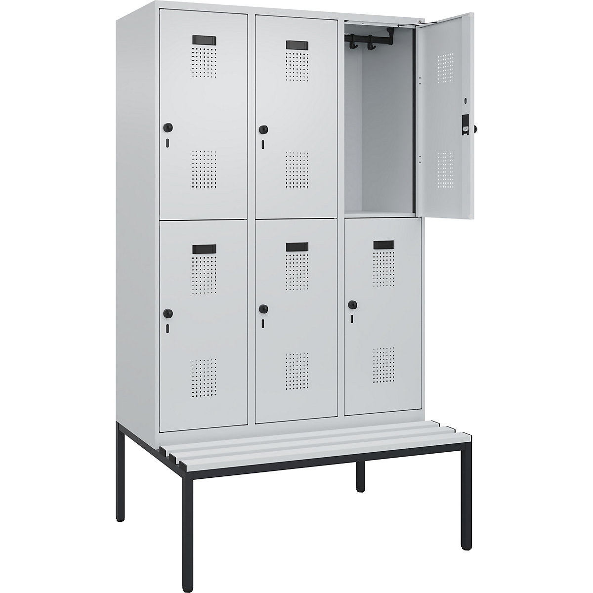 Armadietto a due piani con panca Evolo PLUS, 3 scomparti, grigio chiaro / grigio chiaro, largh. 1200 mm, serratura girevole di sicurezza, con panca integrata, plastica-0