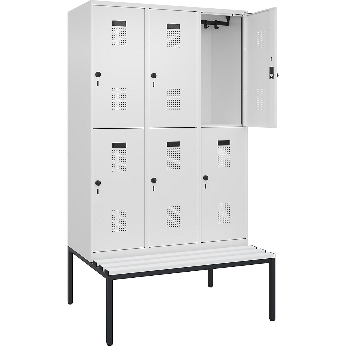 Armadietto a due piani con panca Evolo PLUS, 3 scomparti, bianco, largh. 1200 mm, serratura girevole di sicurezza, con panca integrata, plastica-0