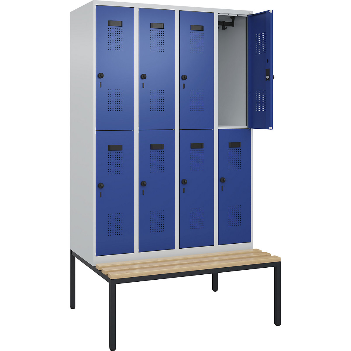 Armadietto a due piani con panca Evolo PLUS, 4 scomparti, grigio chiaro / blu genziana, largh. 1200 mm, serratura girevole di sicurezza, con panca integrata, faggio-0