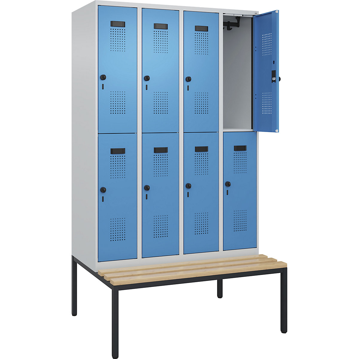 Armadietto a due piani con panca Evolo PLUS, 4 scomparti, grigio chiaro / blu chiaro, largh. 1200 mm, serratura girevole di sicurezza, con panca integrata, faggio-0