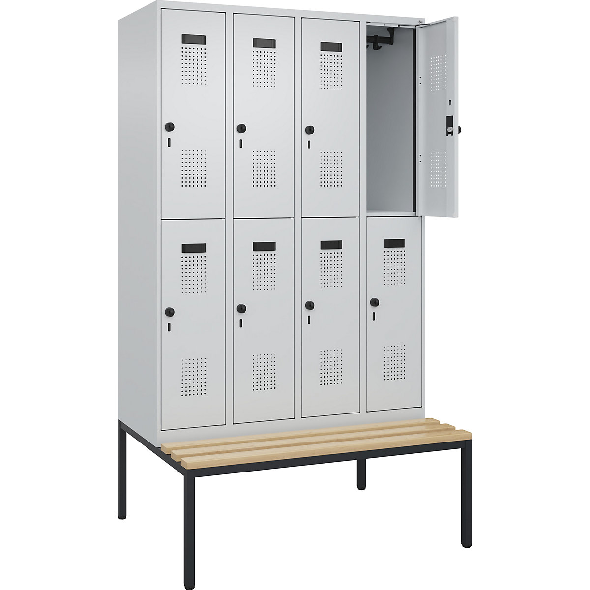 Armadietto a due piani con panca Evolo PLUS, 4 scomparti, grigio chiaro / grigio chiaro, largh. 1200 mm, serratura girevole di sicurezza, con panca integrata, faggio-0