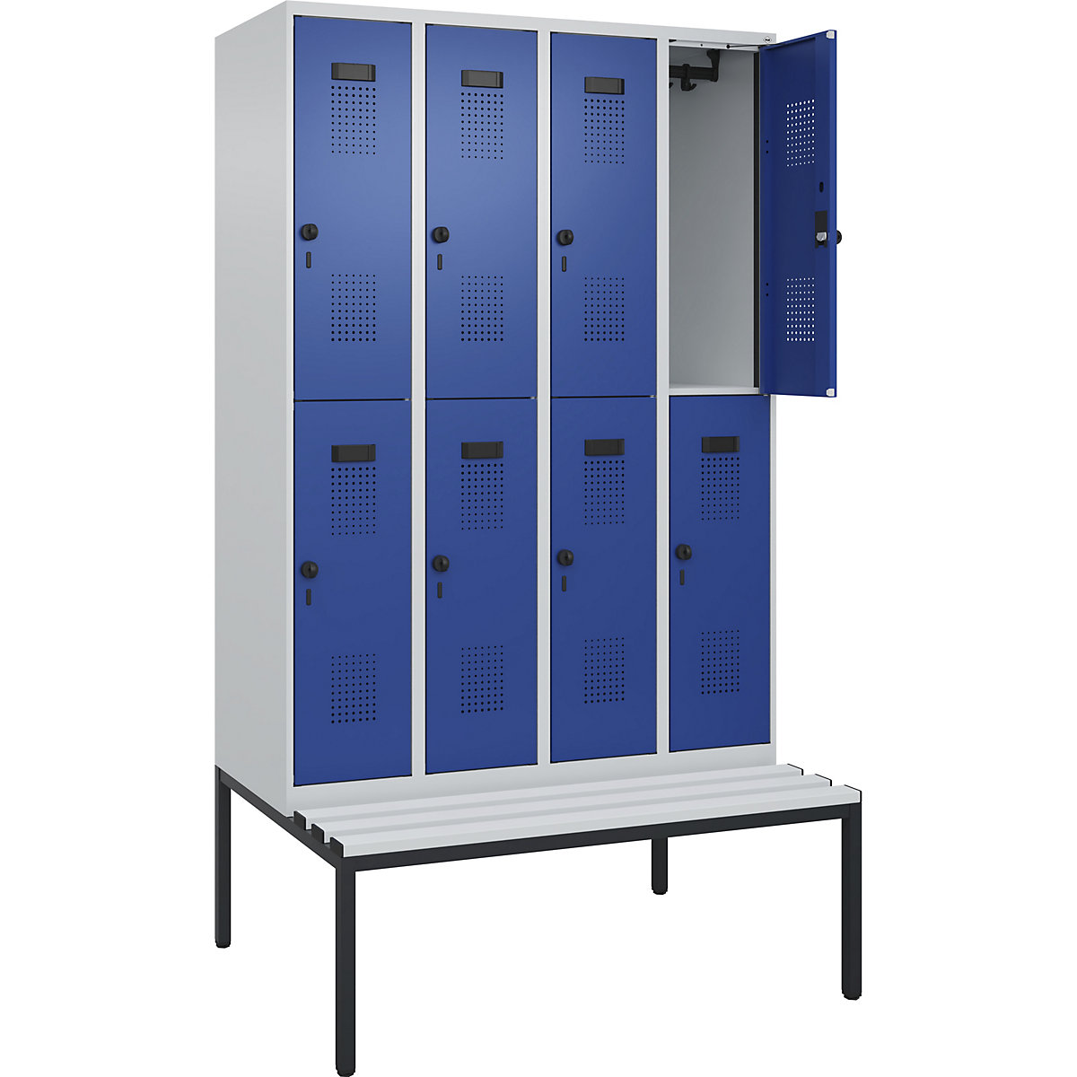 Armadietto a due piani con panca Evolo PLUS, 4 scomparti, grigio chiaro / blu genziana, largh. 1200 mm, serratura girevole di sicurezza, con panca integrata, plastica-0
