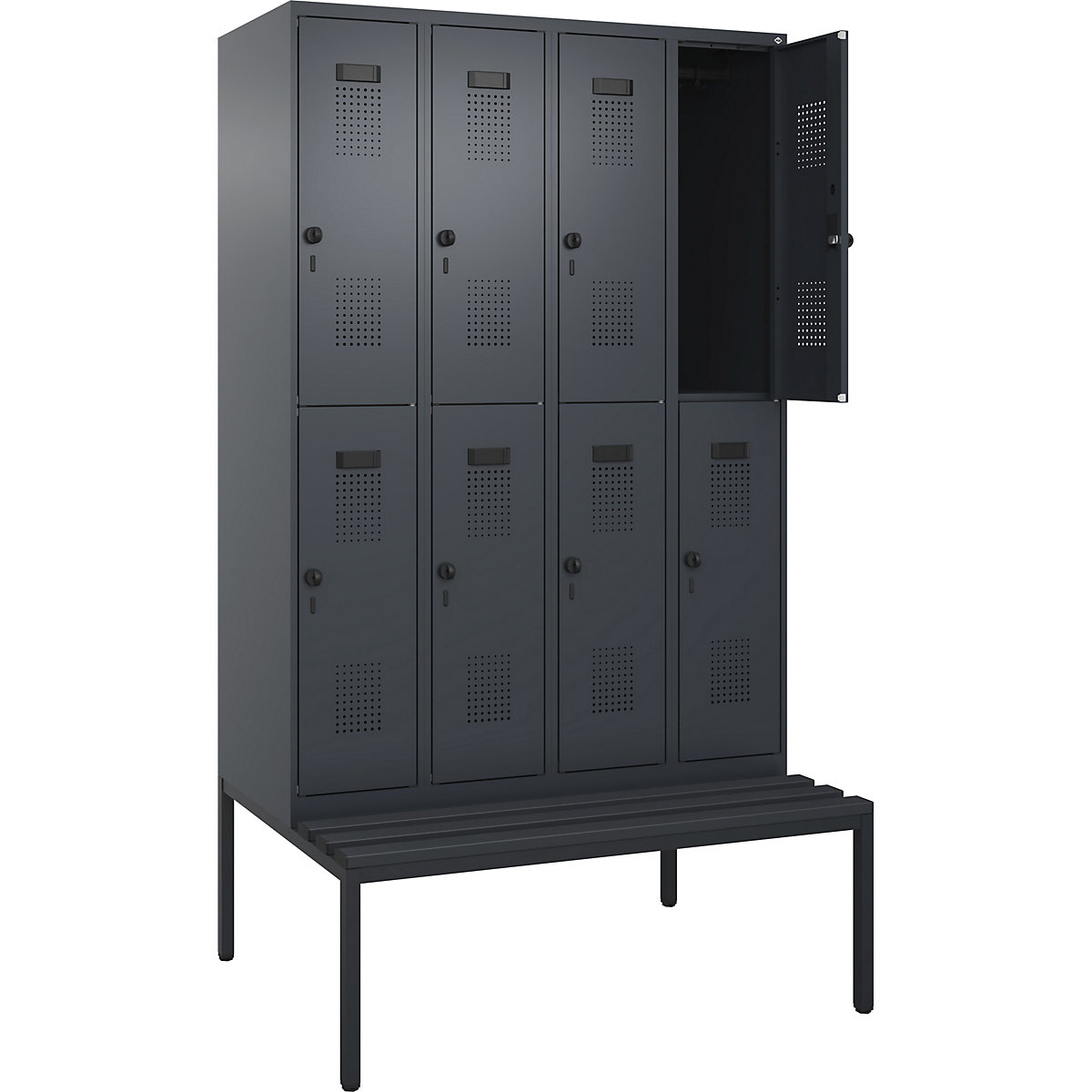 Armadietto a due piani con panca Evolo PLUS, 4 scomparti, grigio, largh. 1200 mm, serratura girevole di sicurezza, con panca integrata, plastica-0