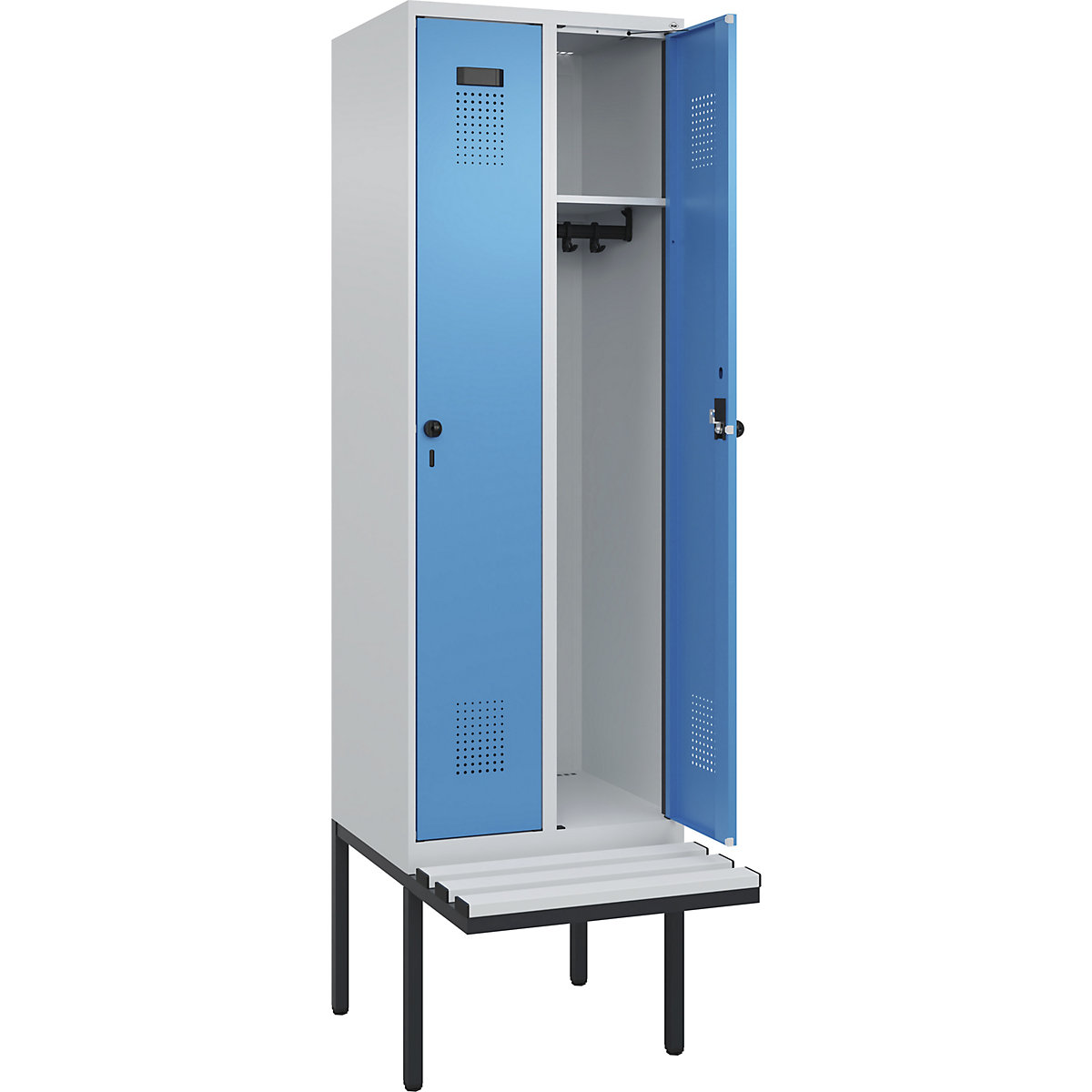 Armadietto con panca Evolo PLUS, 2 scomparti, grigio chiaro / blu chiaro, largh. 600 mm, serratura girevole di sicurezza, con panca sporgente, plastica-0