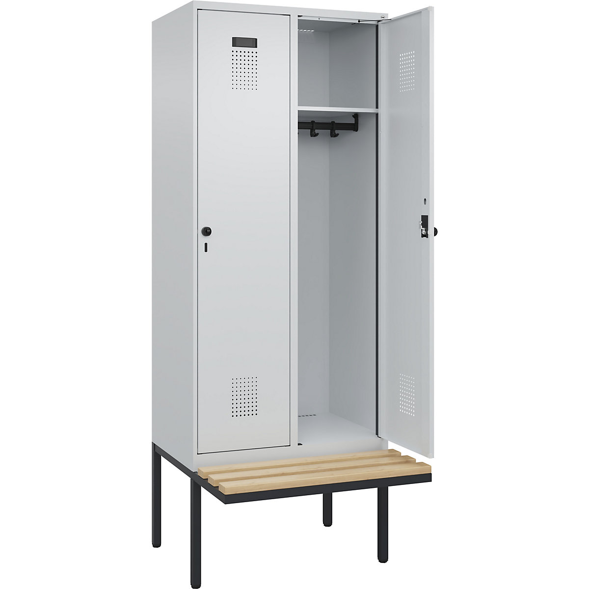 Armadietto con panca Evolo PLUS, 2 scomparti, grigio chiaro / grigio chiaro, largh. 800 mm, serratura girevole di sicurezza, con panca sporgente, faggio-0