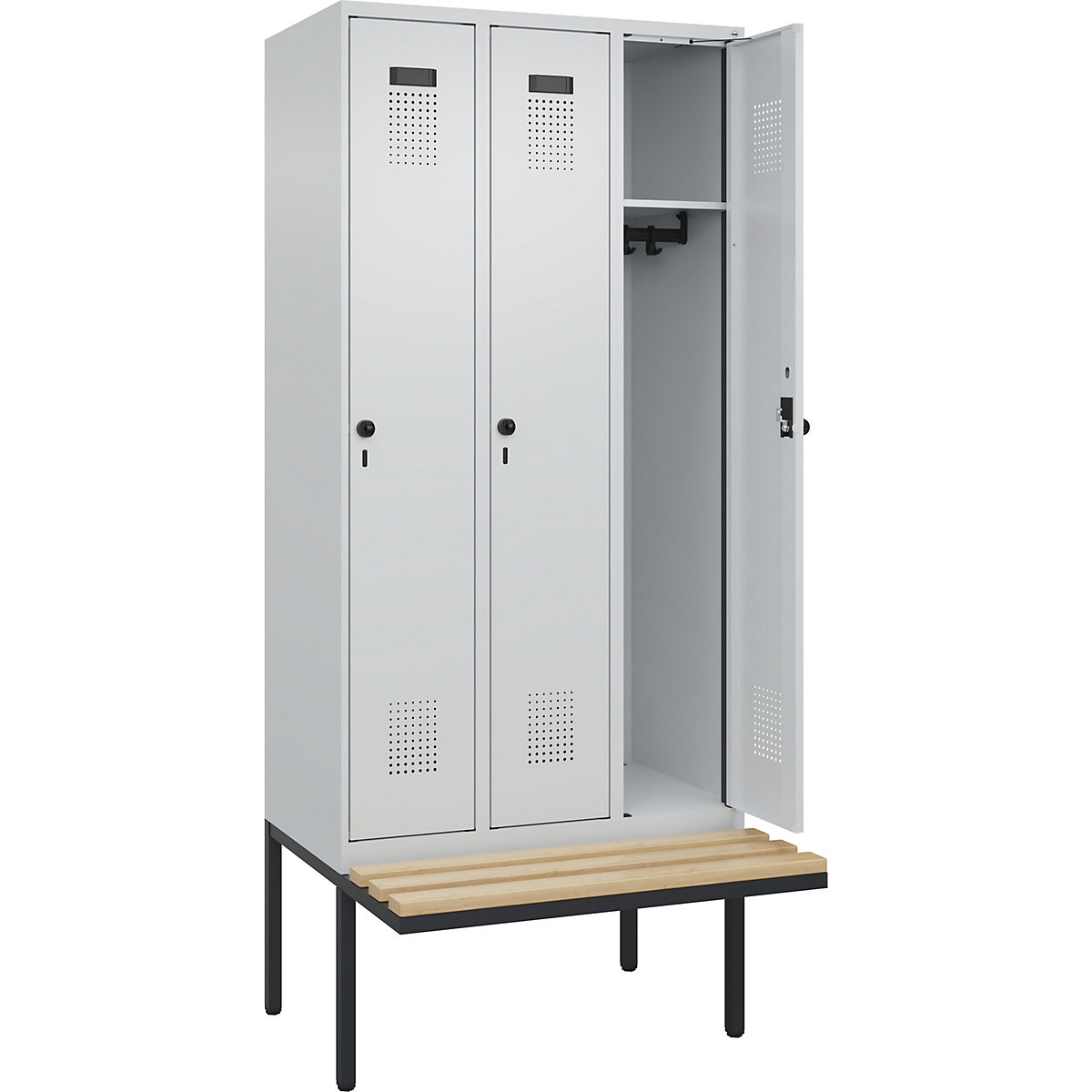 Armadietto con panca Evolo PLUS, 3 scomparti, grigio chiaro / grigio chiaro, largh. 900 mm, serratura girevole di sicurezza, con panca sporgente, faggio-0