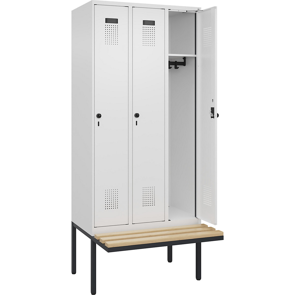 Armadietto con panca Evolo PLUS, 3 scomparti, bianco, largh. 900 mm, serratura girevole di sicurezza, con panca sporgente, faggio-0