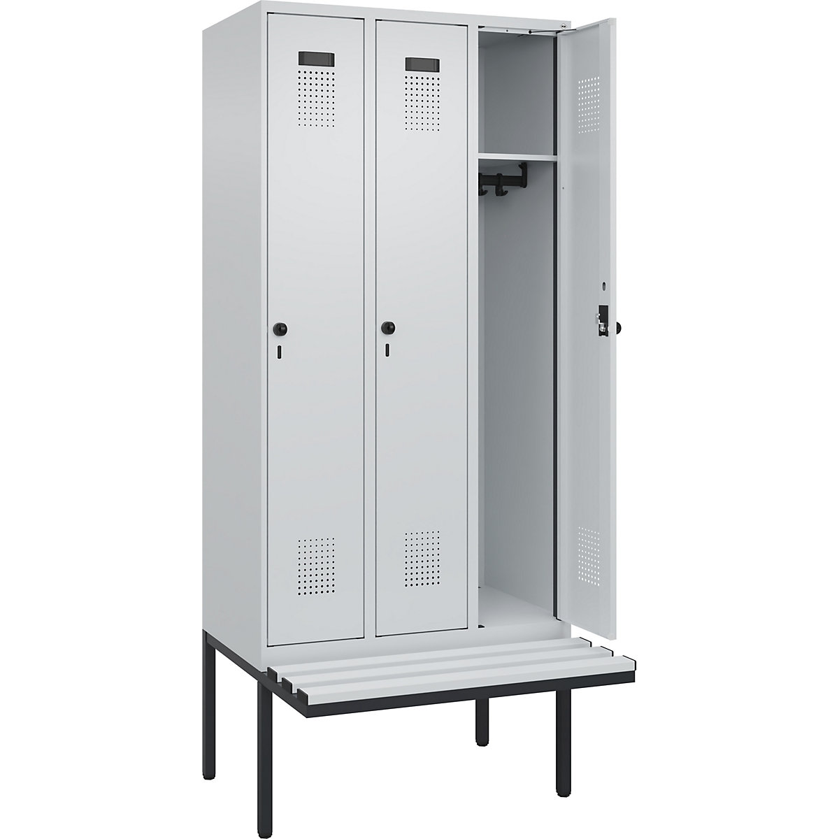 Armadietto con panca Evolo PLUS, 3 scomparti, grigio chiaro / grigio chiaro, largh. 900 mm, serratura girevole di sicurezza, con panca sporgente, plastica-0